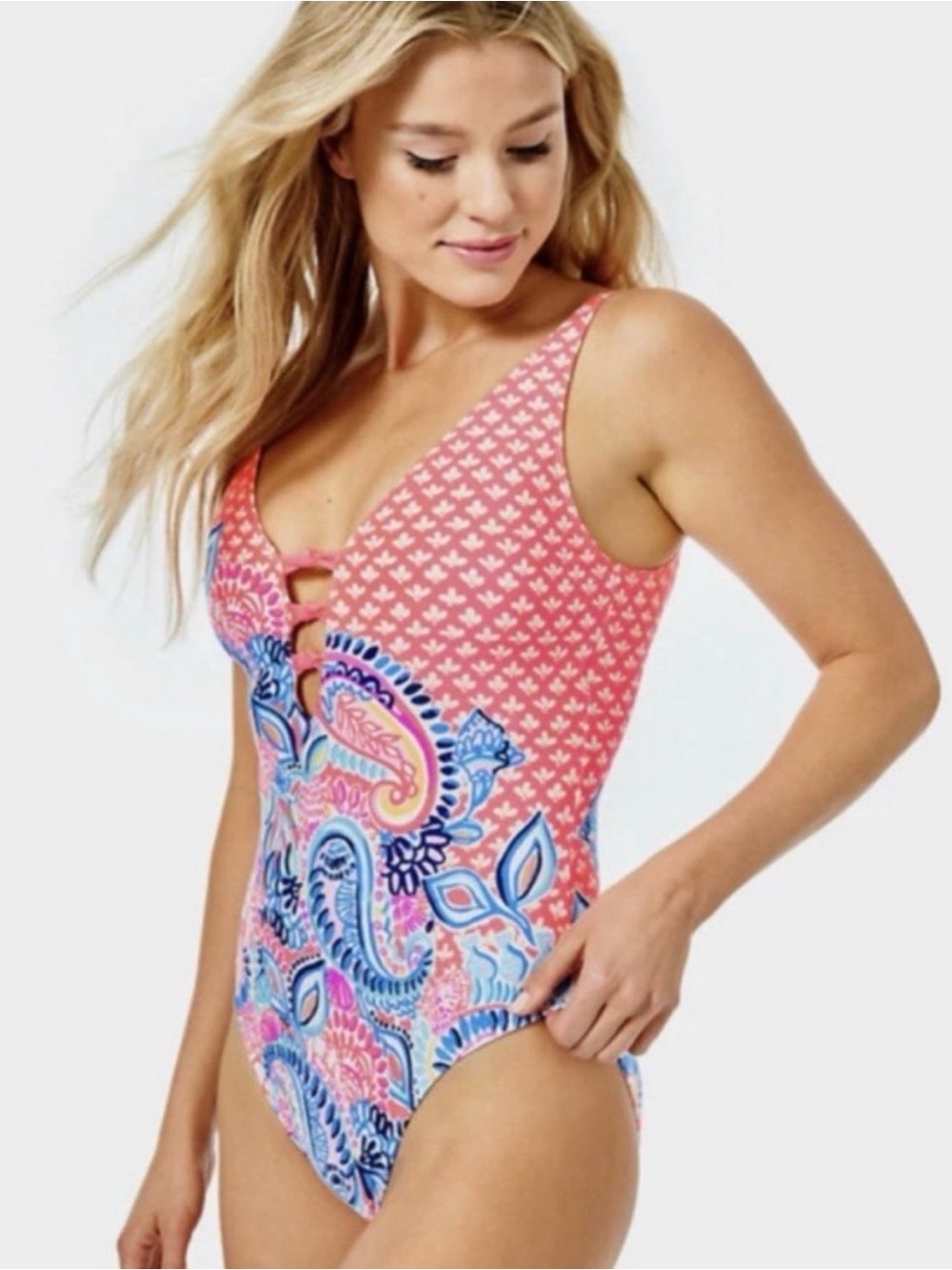 Lilly Pulitzer Jaspen swimsuit in Coral Spritz Beach Bungalow